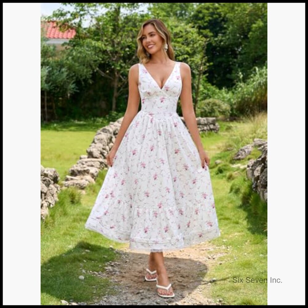 Floral Corset Midi Dress Lace V Neck A Line Sundress Wedding Guest - Picture 2 of 7